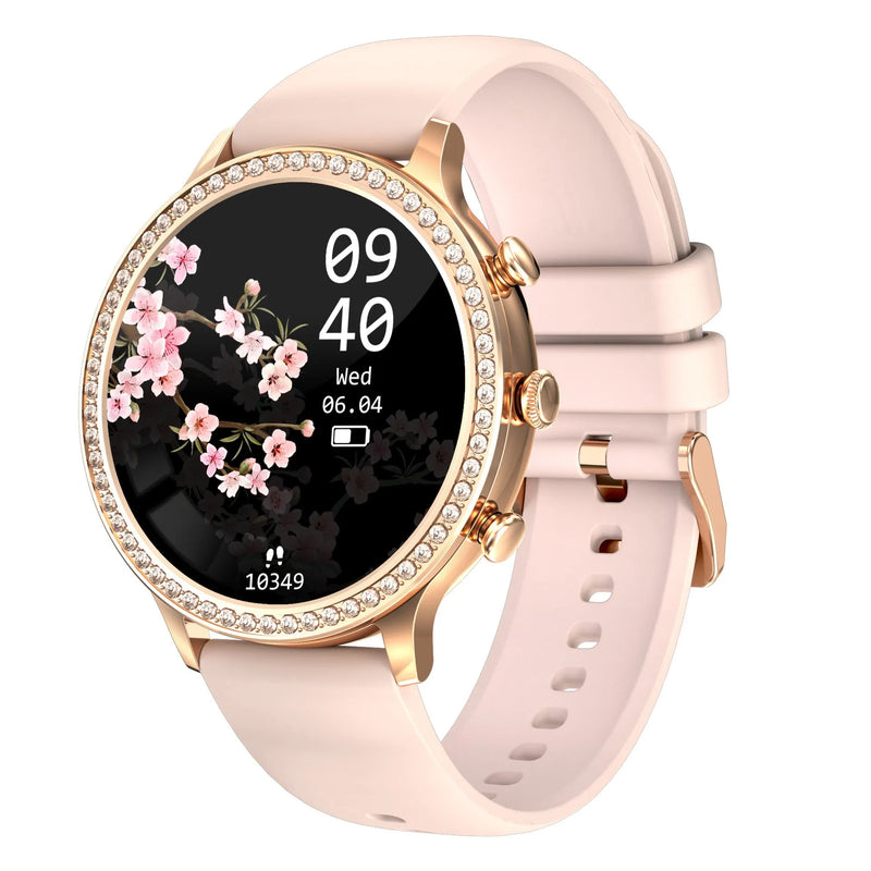 Smart watch for women with Bluetooth calling, featuring a 41-43mm aluminium alloy case, silicone wristband, magnetic charging, and 7-14 day battery life in colours including gold shell pink, gold shell light purple, and silver shell grey.