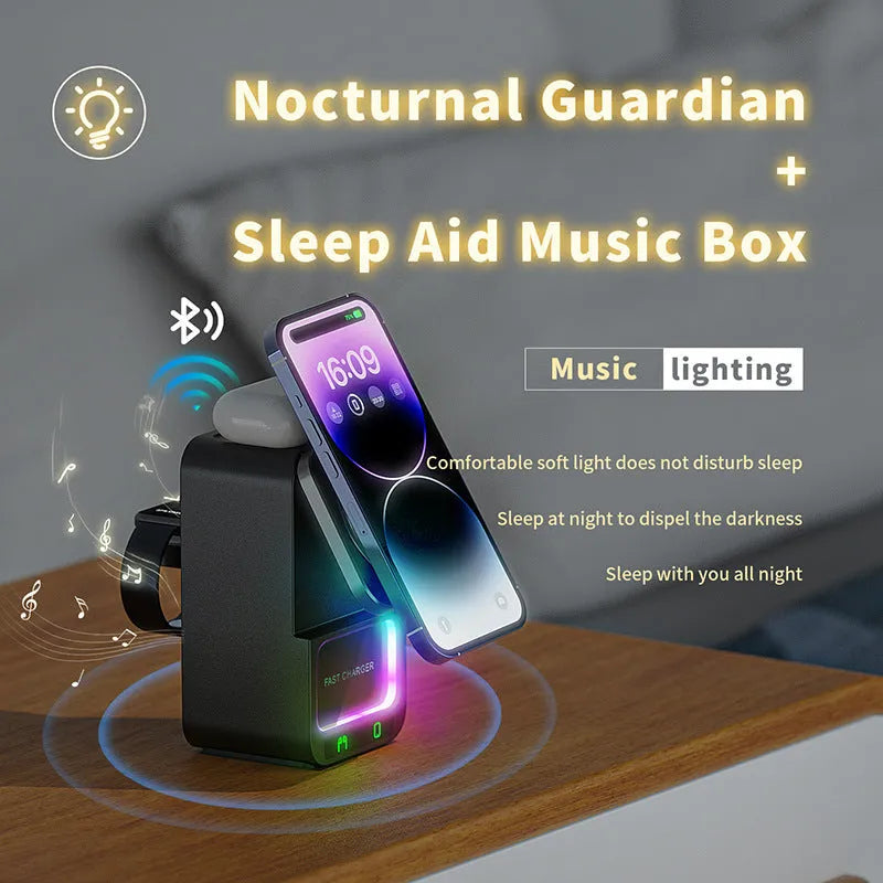 Bluetooth Speaker with Built-in Wireless Charger 23W Fast Charging 5-in-1 Function Universal Compatibility Magnetic Charging Support Available in Black or White Finish