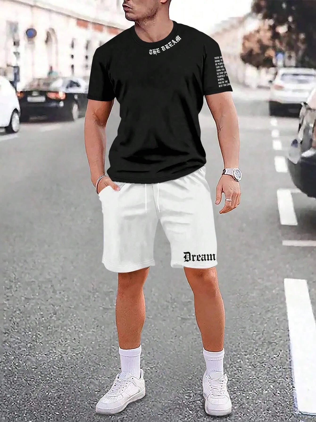 Man wearing a printed short-sleeve sports top and matching shorts in a quick-dry polyester blend.