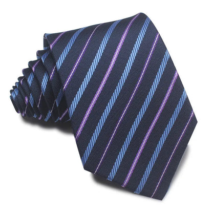 Close-up of a red and black striped men's business tie with a textured Jacquard weave, showing the 8cm width and arrow point shape.