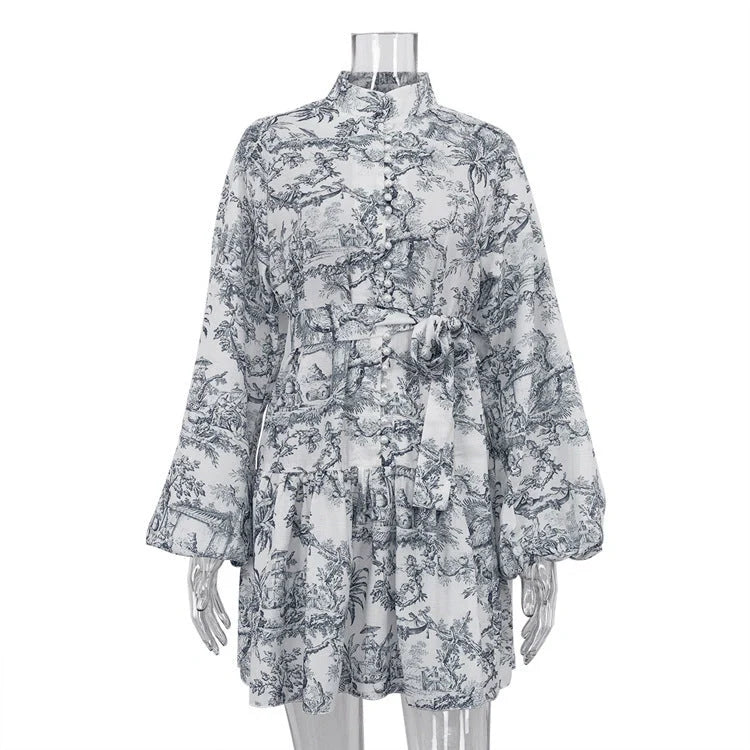 Stylish women's ink print A-line dress with puffy sleeves and lapel tie in various colours