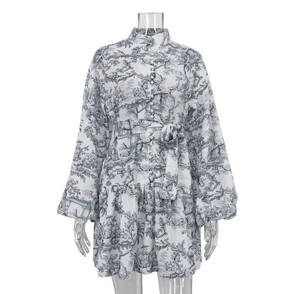 Stylish women's ink print A-line dress with puffy sleeves and lapel tie in various colours