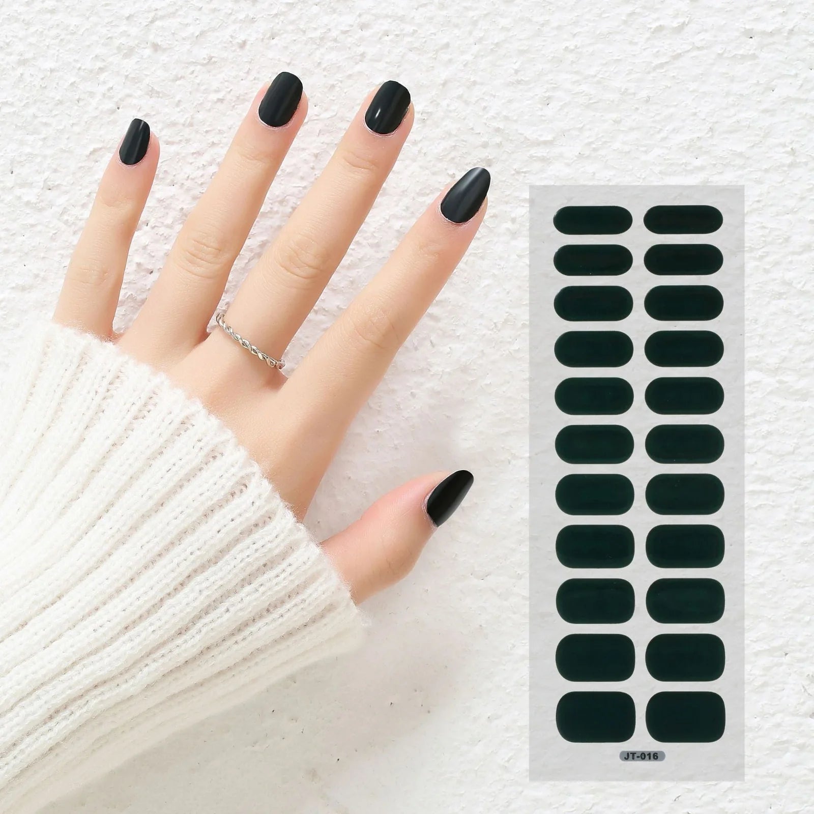 Semi-curing gel nail stickers sheet showing 22 solid colour designs including roses, tulips, and geometric patterns