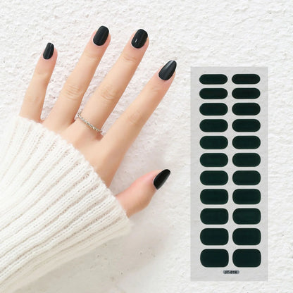 Semi-curing gel nail stickers sheet showing 22 solid colour designs including roses, tulips, and geometric patterns