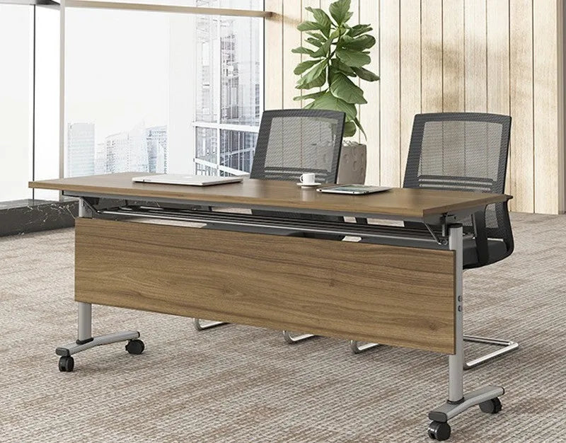 Black leather swivel office chair with armrests and a metal frame.