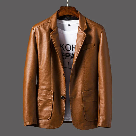 Premium leather jacket for men in orange, red, and black colors with a classic collar, studded lapels, and quilted sleeves