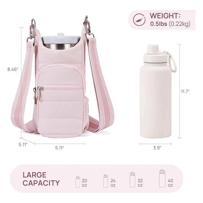 Black cloth water bottle carrier bag mounted on bicycle handlebars