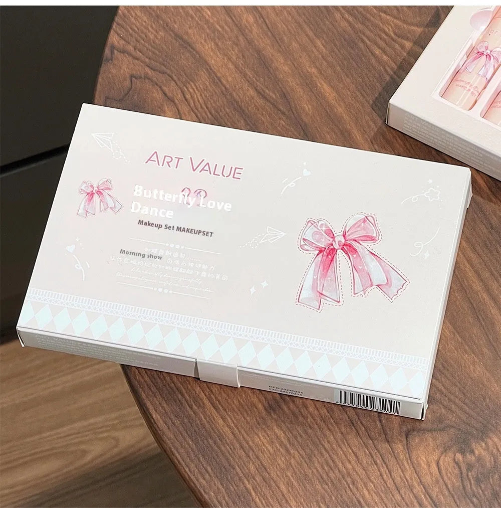 Butterfly box themed makeup set with matte lip muds, pink powder blusher and matching necklace