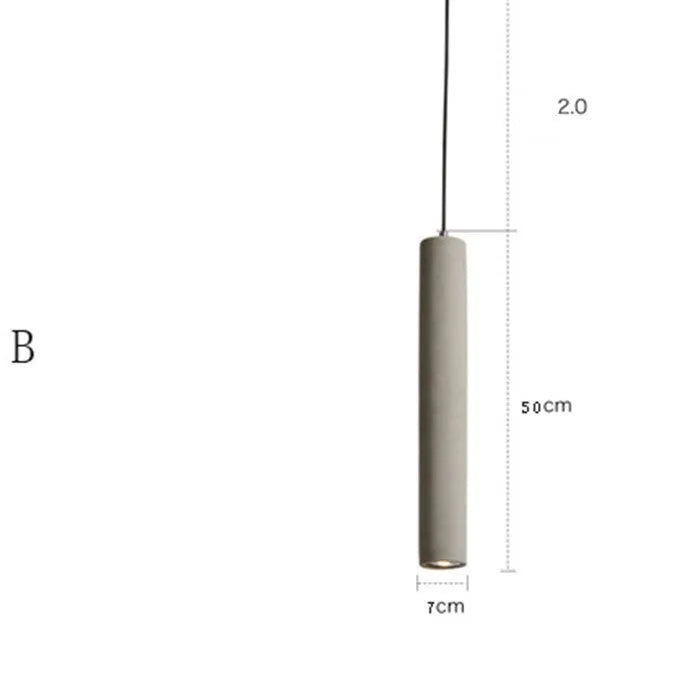 Modern cement rod chandelier with marble body and adjustable suspension hanging from a ceiling