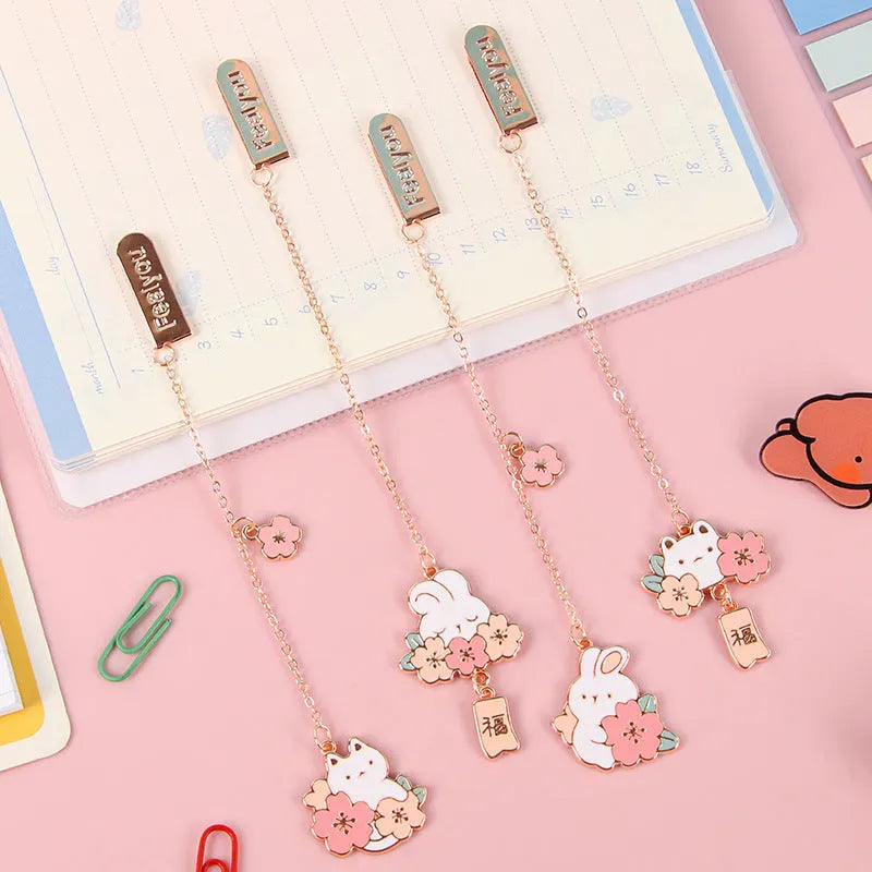 Metal bookmark holder with cartoon cherry blossom cat and rabbit designs