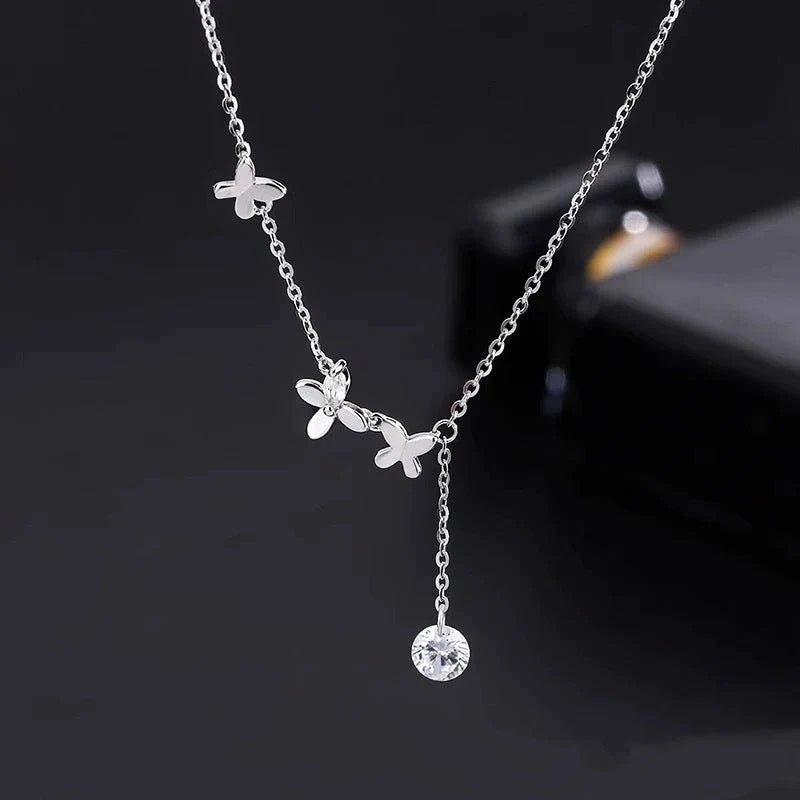 S925 Sterling Silver Butterfly Anklet with Zircon Flower Tassel in white gold color