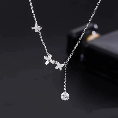 S925 Sterling Silver Butterfly Anklet with Zircon Flower Tassel in white gold color