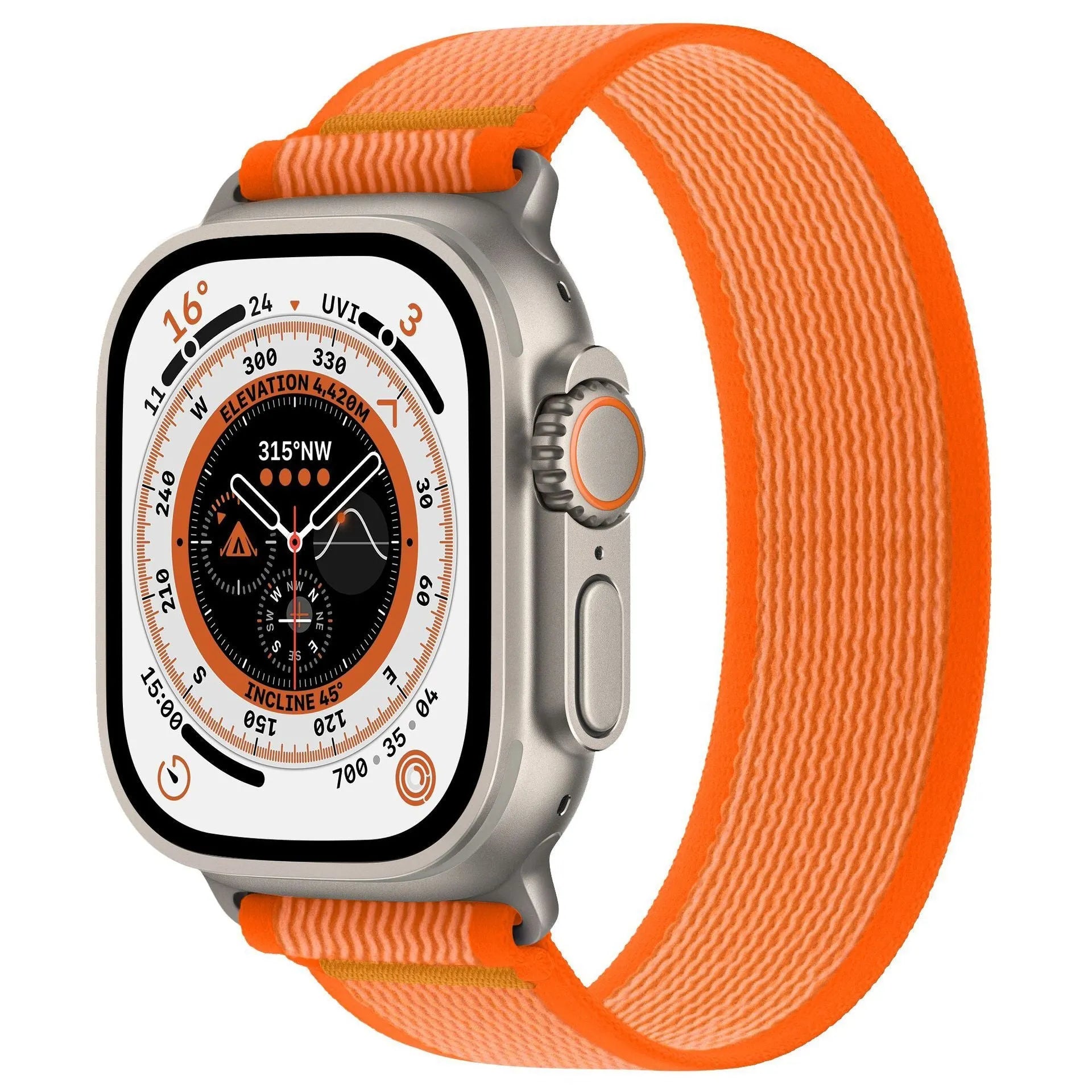 Nylon Apple Watch band with single ring strap closure in multiple colour options on a wrist
