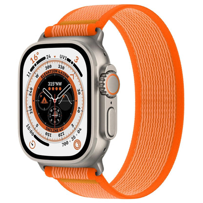 Nylon Apple Watch band with single ring strap closure in multiple colour options on a wrist