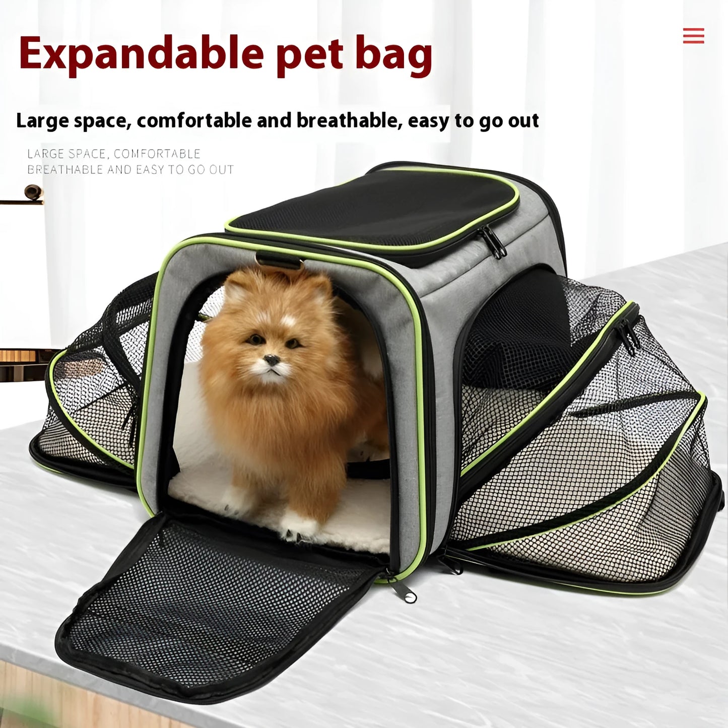 Black and grey portable cat carrier bag with 600D cation fabric construction.