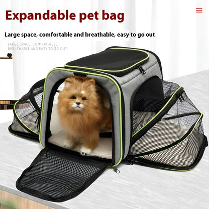 Black and grey portable cat carrier bag with 600D cation fabric construction.