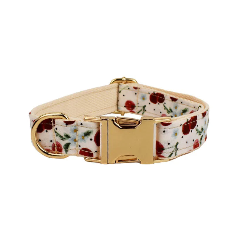 Red cherry printed dog collar with light gold buckle and matching leash, bow, vest and poop bag holder set