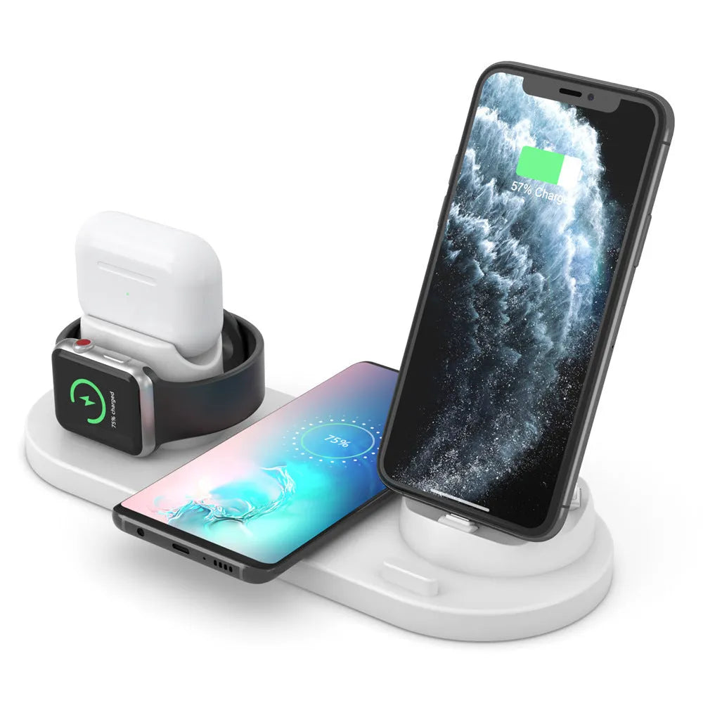 Black 6-in-1 wireless charging station with phone in holder, AirPods case, and smartwatch on charging spots.