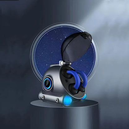 Black and white clip-on Bluetooth wireless sports headset showing ear clip design