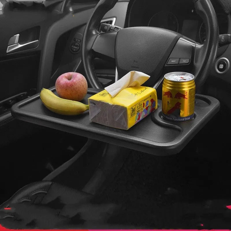 Black plastic car desk tray measuring 42cm by 28cm for vehicle organisation and mobile workspace