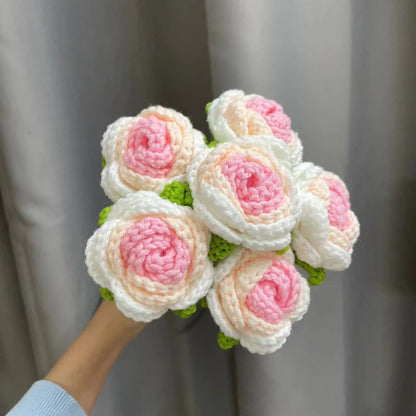 Wool-woven artificial silk rose bouquet in gradient blue colour with textured floral arrangement