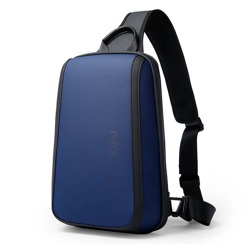 Blue chest bag for men with double connector shoulder straps and soft handle, made from Oxford cloth