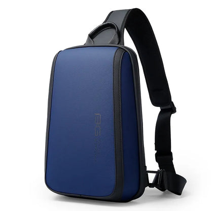 Blue chest bag for men with double connector shoulder straps and soft handle, made from Oxford cloth