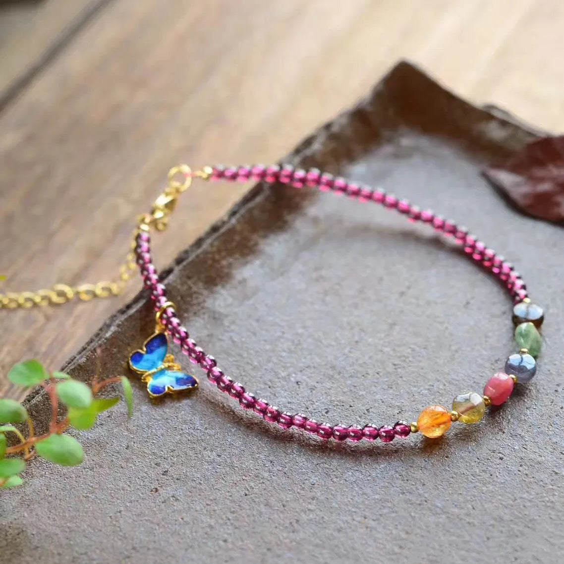 Women's garnet anklets with geometric design and purple gemstone beads