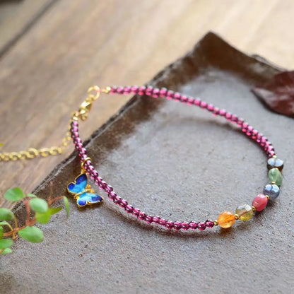 Women's garnet anklets with geometric design and purple gemstone beads