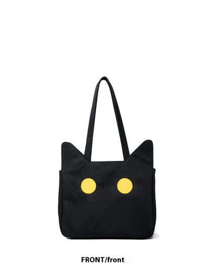 Black cat-shaped nylon tote bag with medium-soft structure, nylon lining, and sandwich zipper pocket, 34cm x 13cm x 27cm.