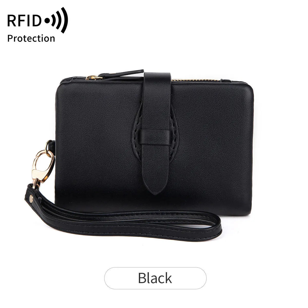 RFID women's short wallet in PU leather with sewing line detail, available in eight colours