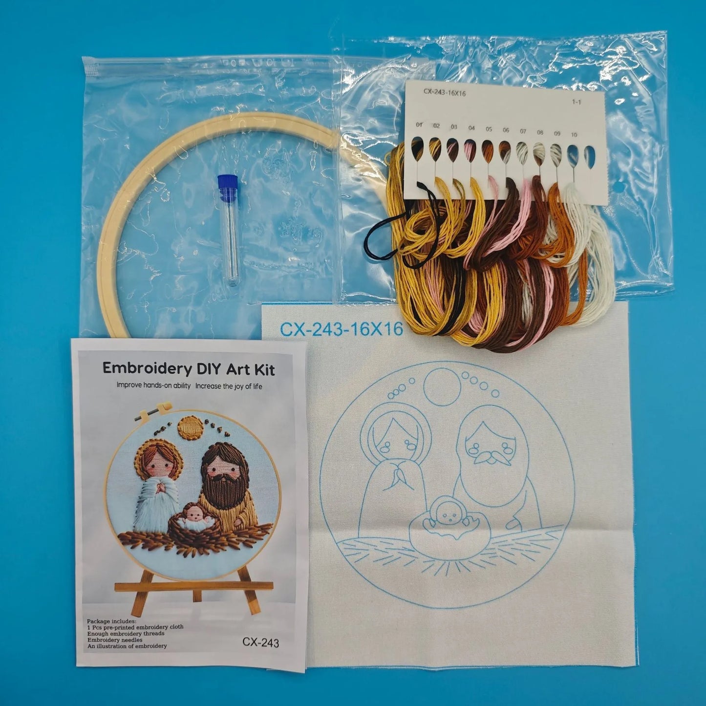 24cm square vintage embroidery kit with cotton linen cloth, landscape pattern, and three embroidery tools