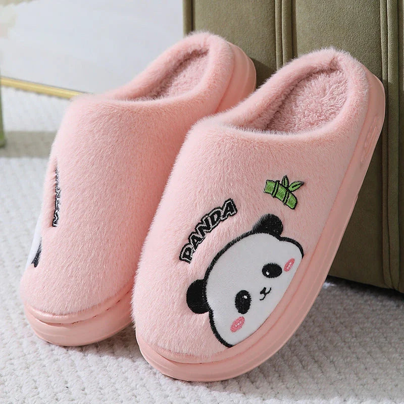 Cozy and stylish panda-themed plush slippers with a thick, cushioned sole for maximum comfort around the house