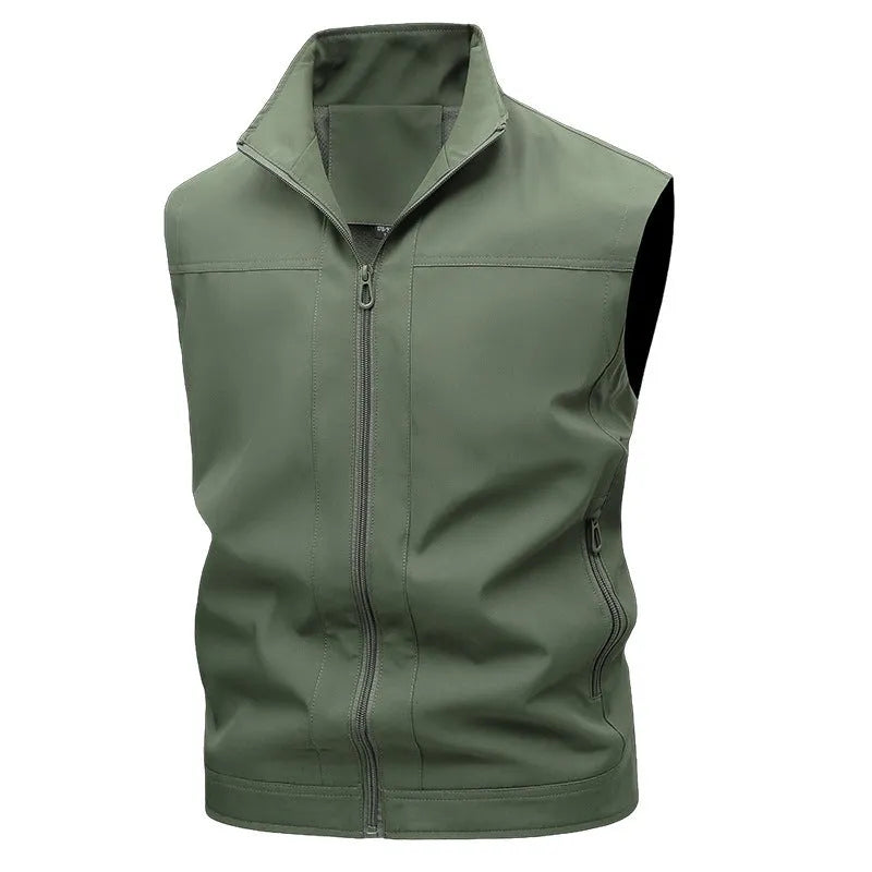 Men's stand-up collar casual shirt in army green colour with loose fit styling for workwear and leisure