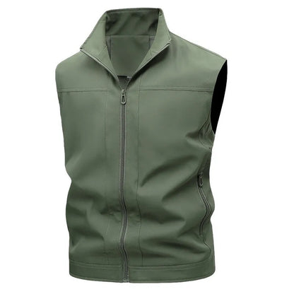 Men's stand-up collar casual shirt in army green colour with loose fit styling for workwear and leisure