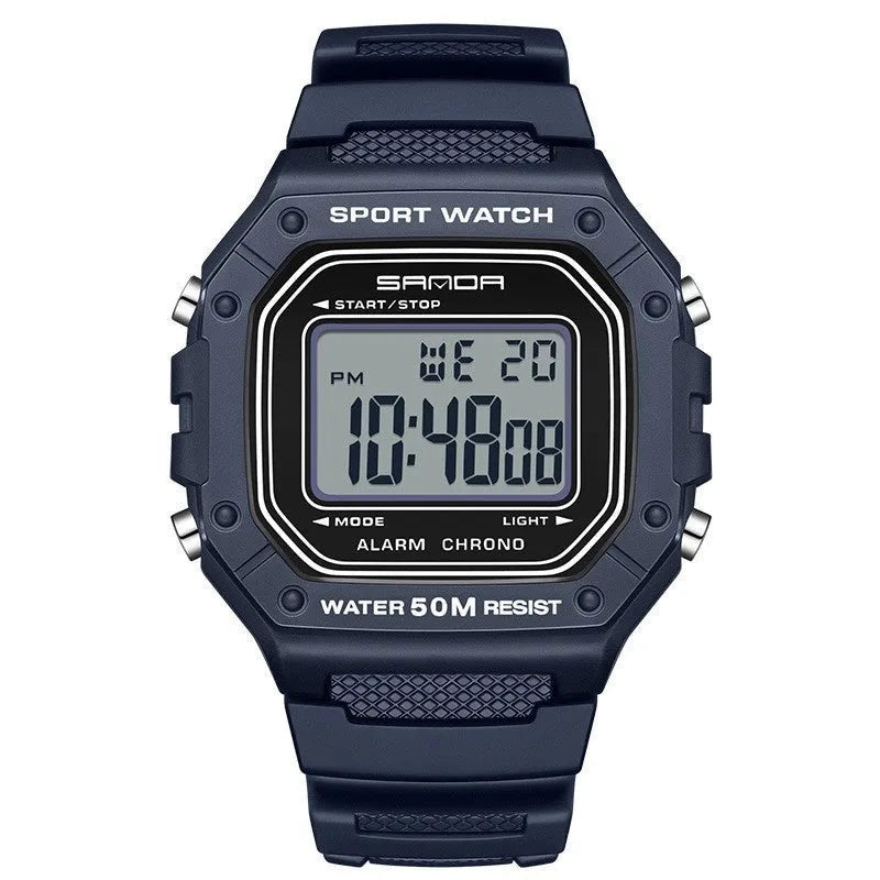 Waterproof electronic watch in multiple colour options including black, blue, green, white, and red combinations