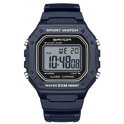 Waterproof electronic watch in multiple colour options including black, blue, green, white, and red combinations