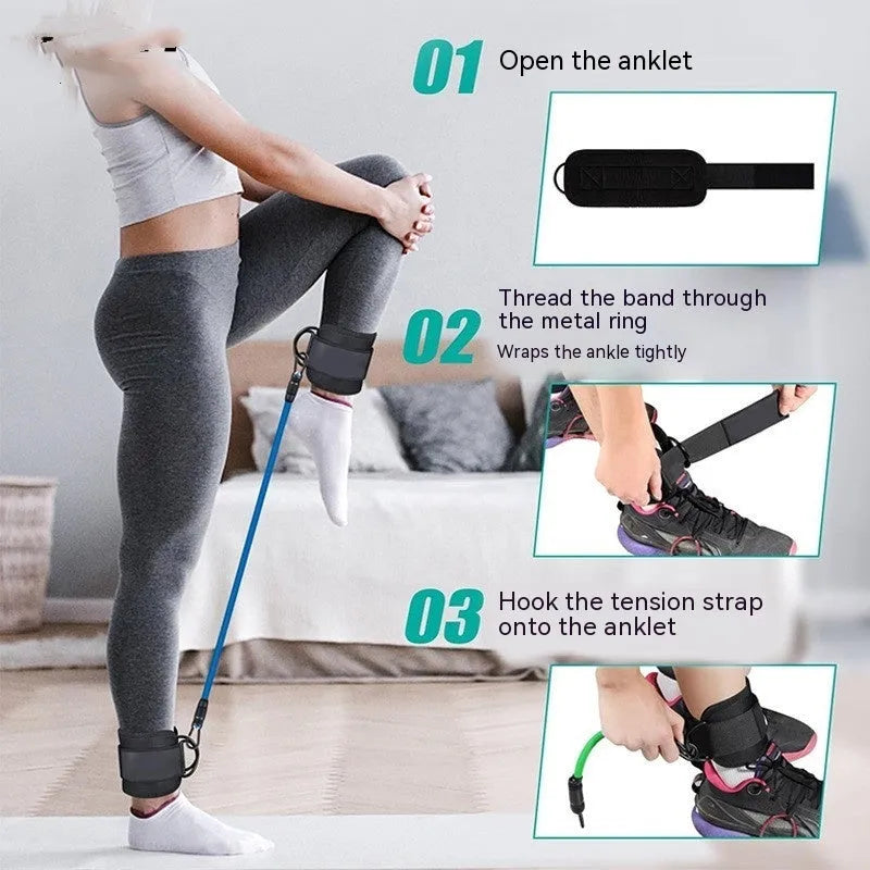 Set of three coloured TPE resistance bands with foot loops and storage bag for yoga and fitness.