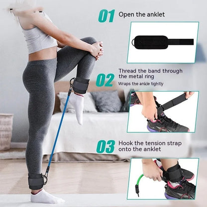Set of three coloured TPE resistance bands with foot loops and storage bag for yoga and fitness.