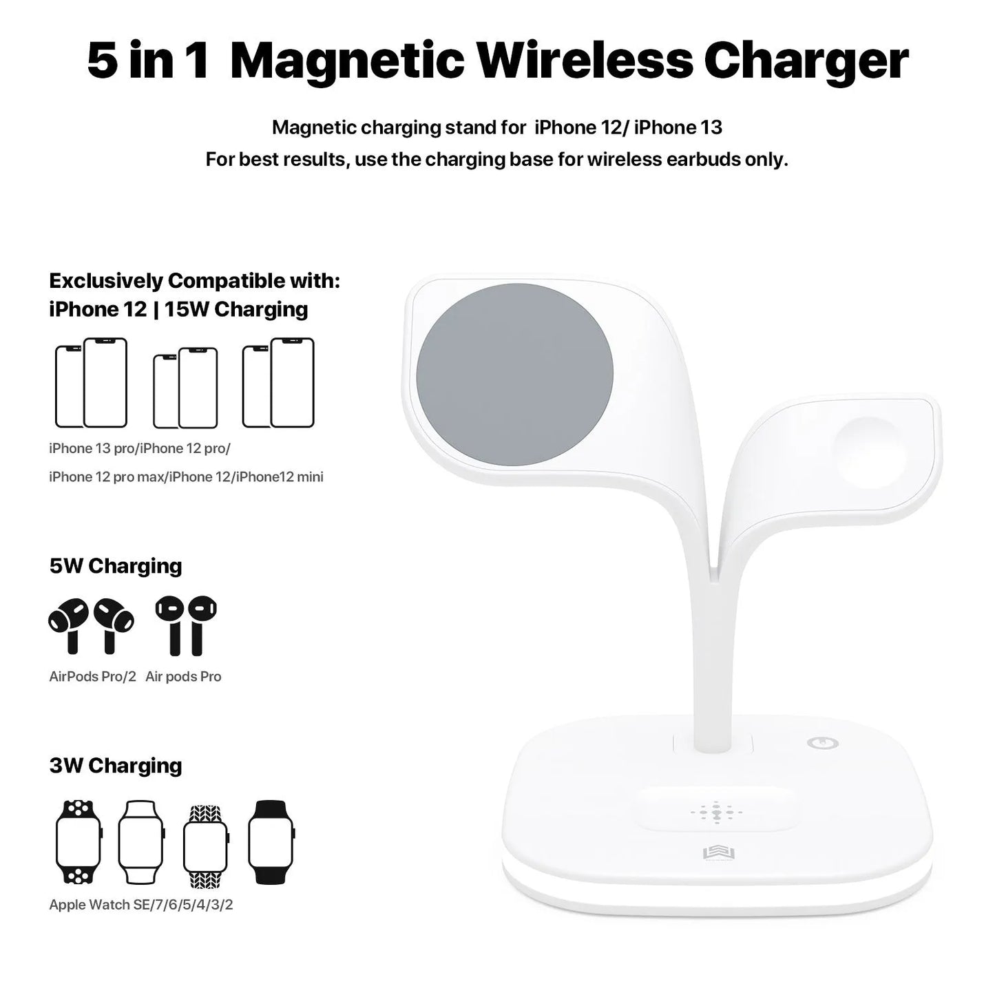 Black 3-in-1 wireless charging stand with phone, smartwatch, and headphones placed on its charging pads