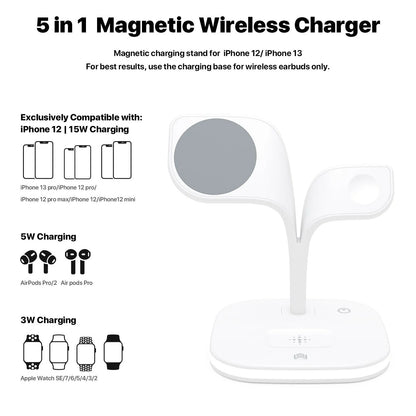 Black 3-in-1 wireless charging stand with phone, smartwatch, and headphones placed on its charging pads