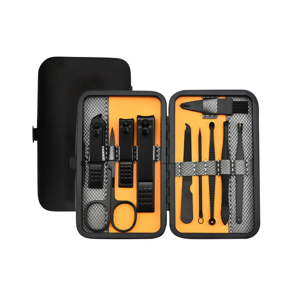 Beauty and manicure nail care kit with stainless steel tools in PU leather case showing multiple grooming implements