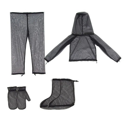 Anti-mosquito hooded suit and trousers set in breathable mesh fabric for outdoor wear.