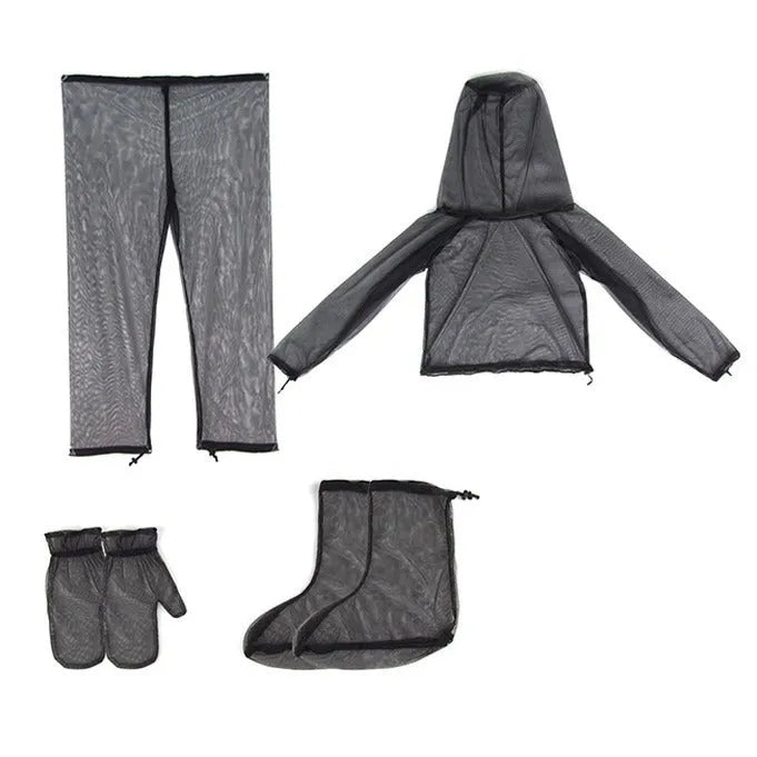 Anti-mosquito suit, hooded mesh top and trousers set for summer camping, fishing and hiking with quick-drying, breathable fabric, available in sizes S/M, L/XL and XXL for men and women.