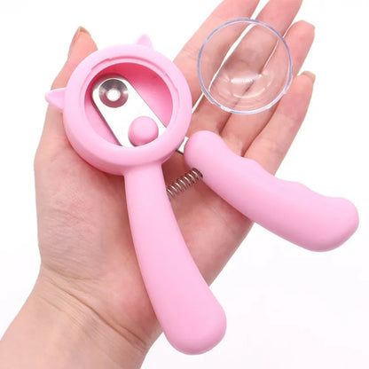 Blue pet nail clipper with stainless steel sickle blade and safety guard for trimming dog or cat claws.