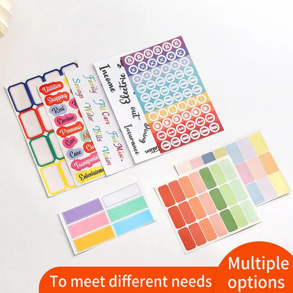 Handwritten label adhesive sticker set showing grid layouts, sticky notes, and A6 rulers on paper
