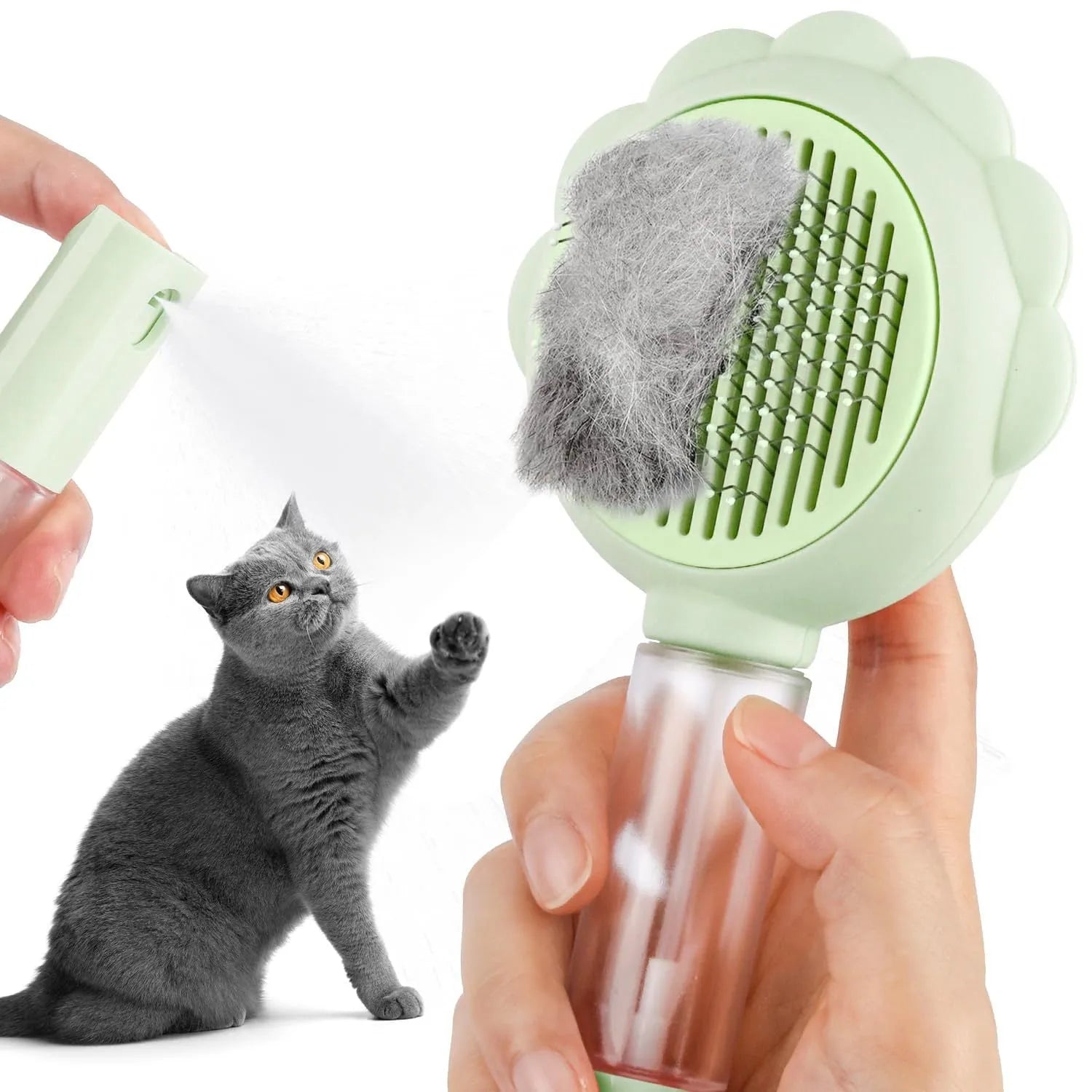 Spray cat brush with grey handle, stainless steel pins, and water spray function for grooming pets