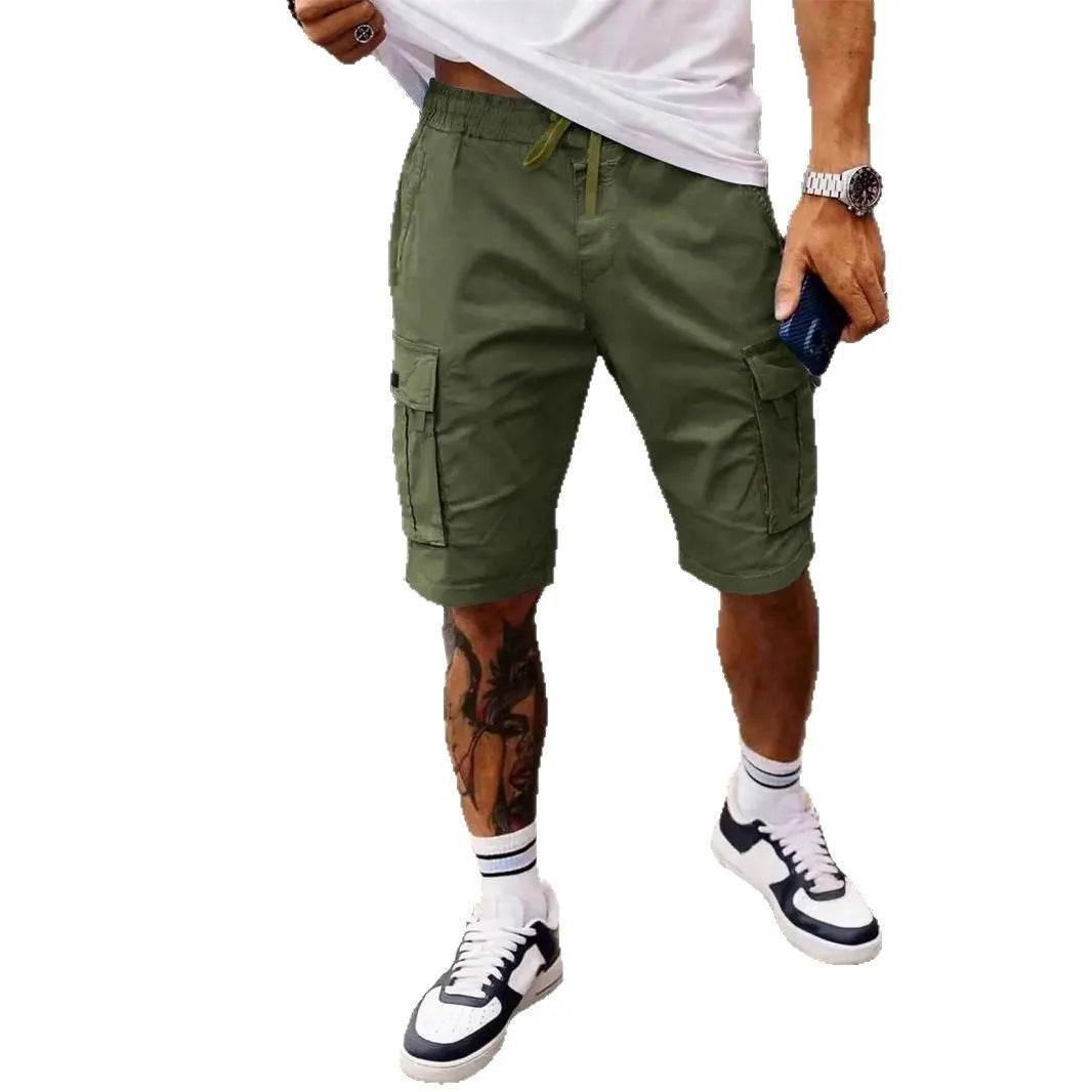 Men's straight cropped workwear shorts in polyester fabric with loose fit for summer wear