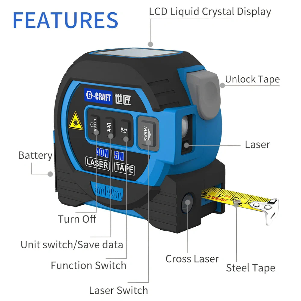 Blue and yellow laser tape measure showing laser cross projection and extended 5m steel tape