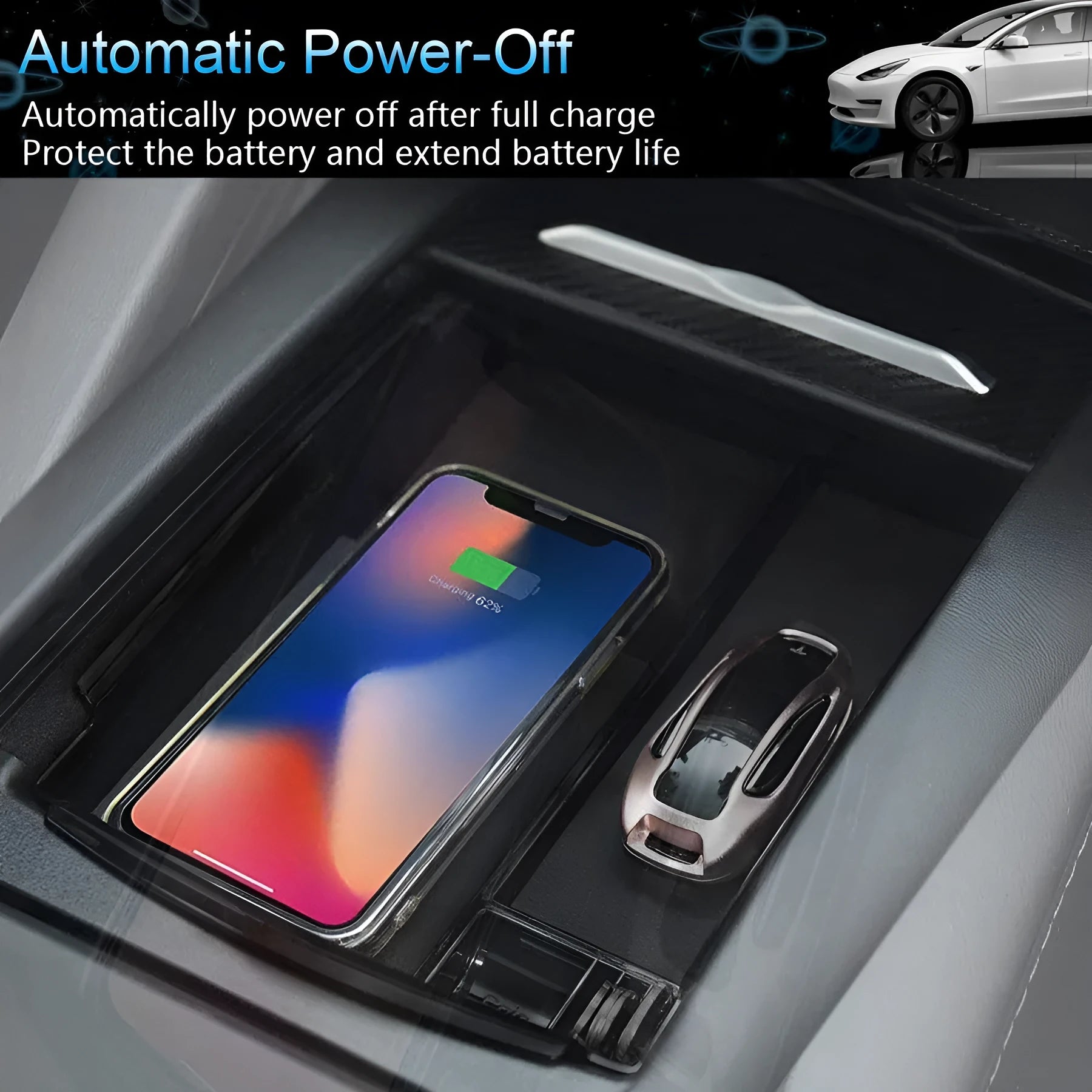 Black wireless charging storage box with QI compatibility and fast charging capability